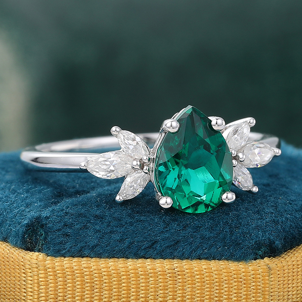 Juyoyo Pear Shaped Emerald Engagement Ring Diamond Cluster Promise Ring in 14K White Gold