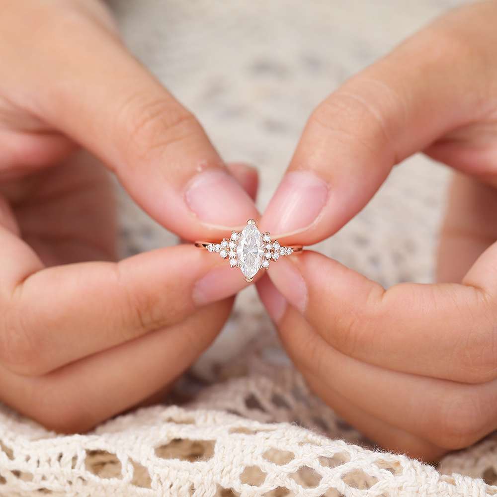 Juyoyo Marquise Cut Moissanite Engagement Ring Vintage Diamond Cluster Ring Anniversary Ring Gift