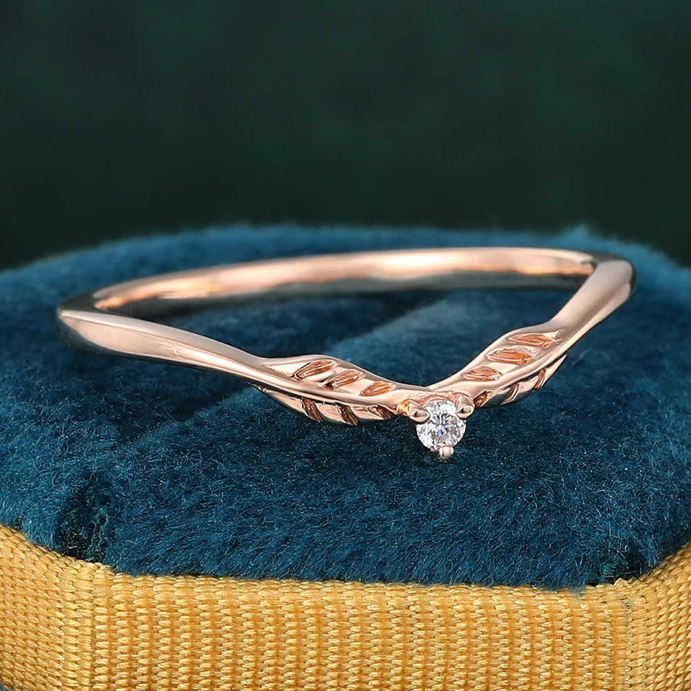 Juyoyo Moissanite Leaf Wedding Band Vintage Diamond Nature Inspired Curved Stacking Band 14k Rose Gold