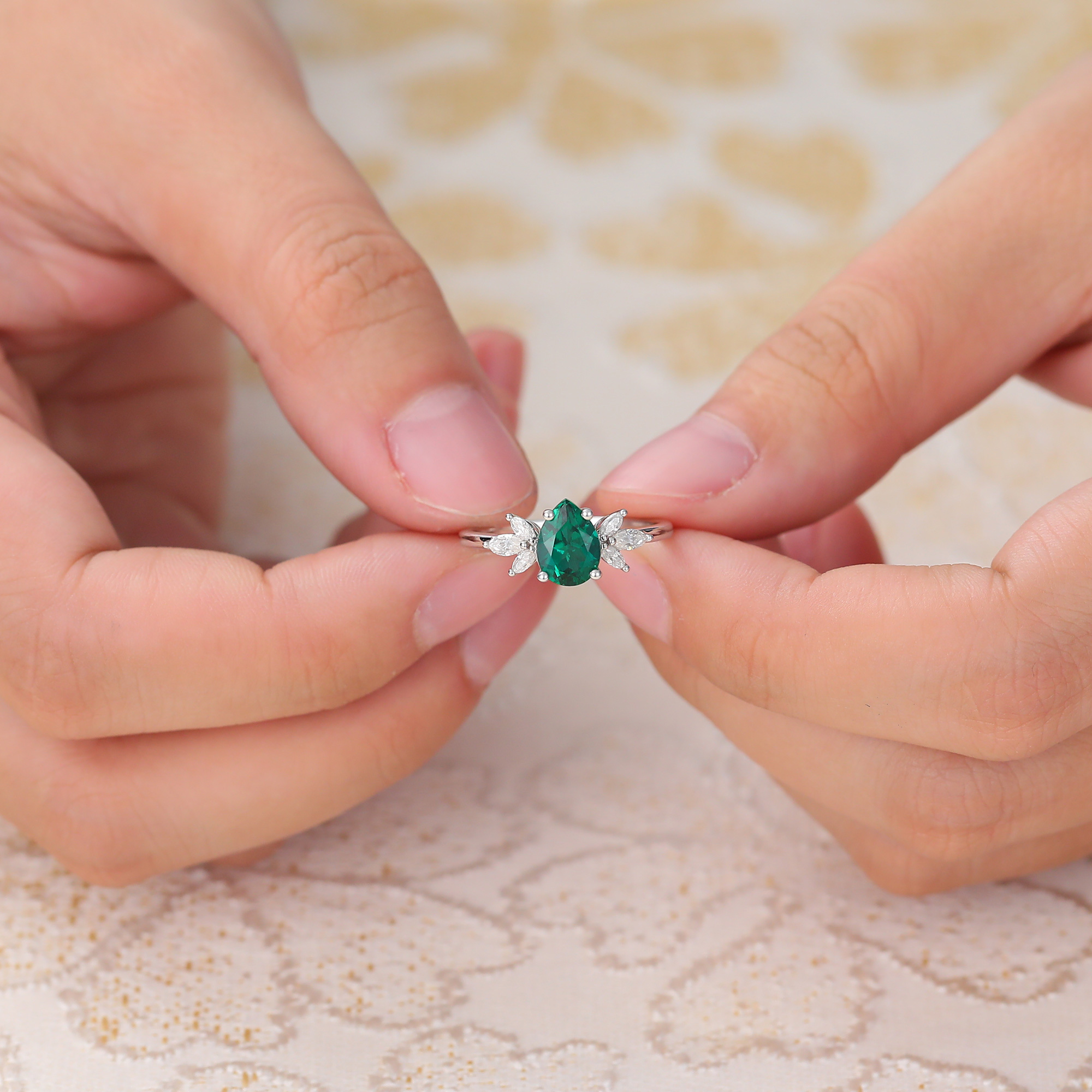 Juyoyo Pear Shaped Emerald Engagement Ring Diamond Cluster Promise Ring in 14K White Gold