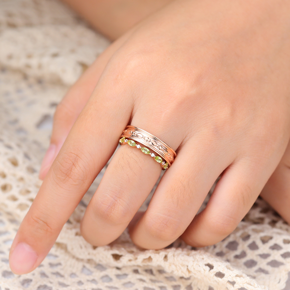 14K Rose Gold Wide Wedding Band &  Peridot and Diamond Alternating Eternity Band - 2pcs