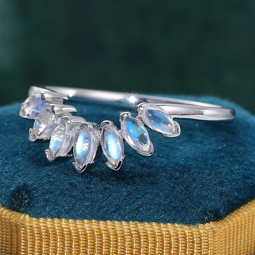 Juyoyo Unique Blue Moonstone Crown Curved Stacking Wedding Ring