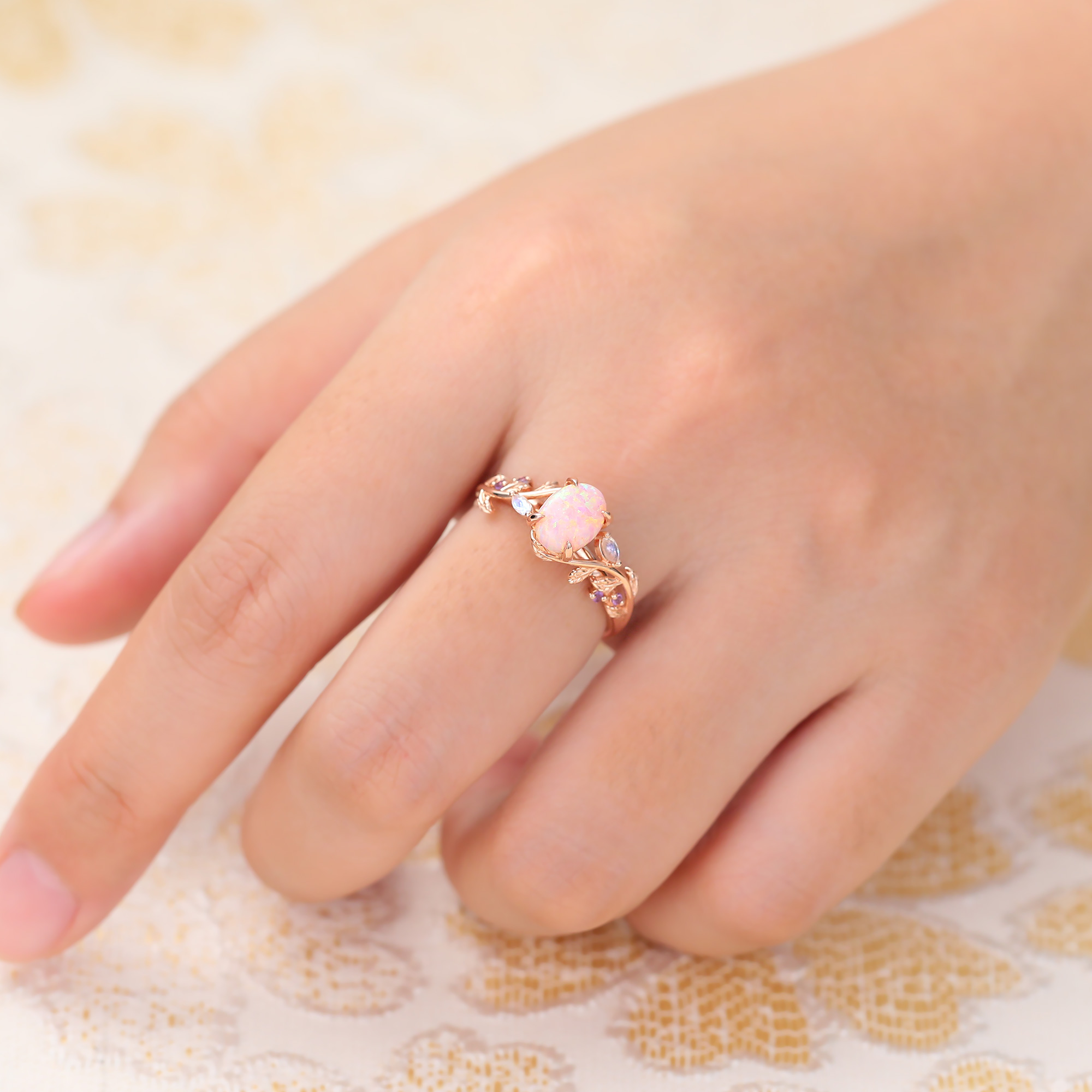 Juyoyo Nature-Inspired 6*8mm Oval Cut Lab Pink Opal Engagement Ring
