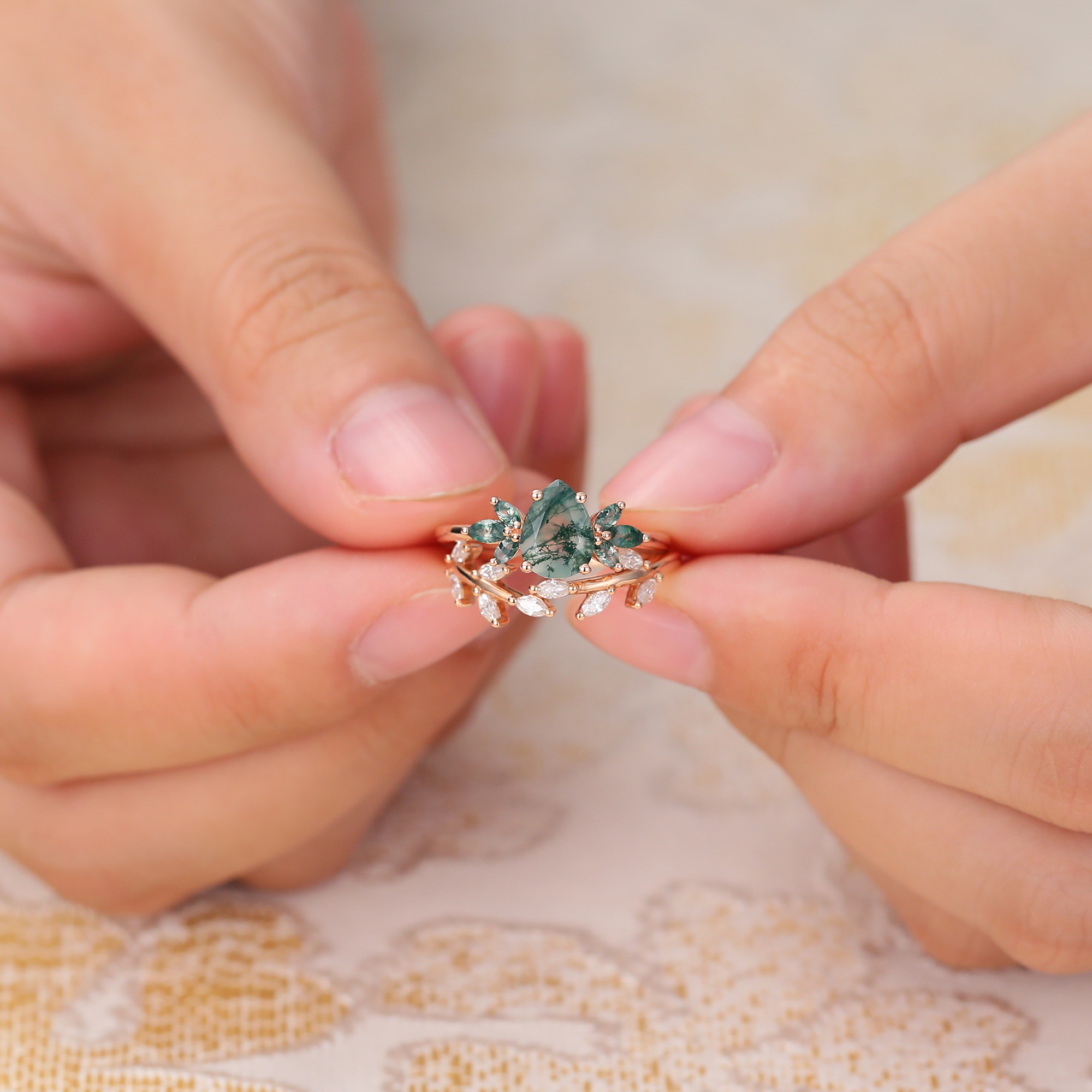 Juyoyo  Pear Moss Agate Ring & Moissanite Curved Twig Band Natural Inspired Wedding Ring Set - 2pcs