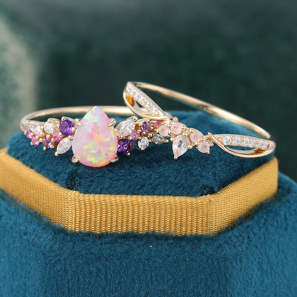Juyoyo 14K Gold Vintage Lab Pink Opal Bridal Ring Set - 2pcs