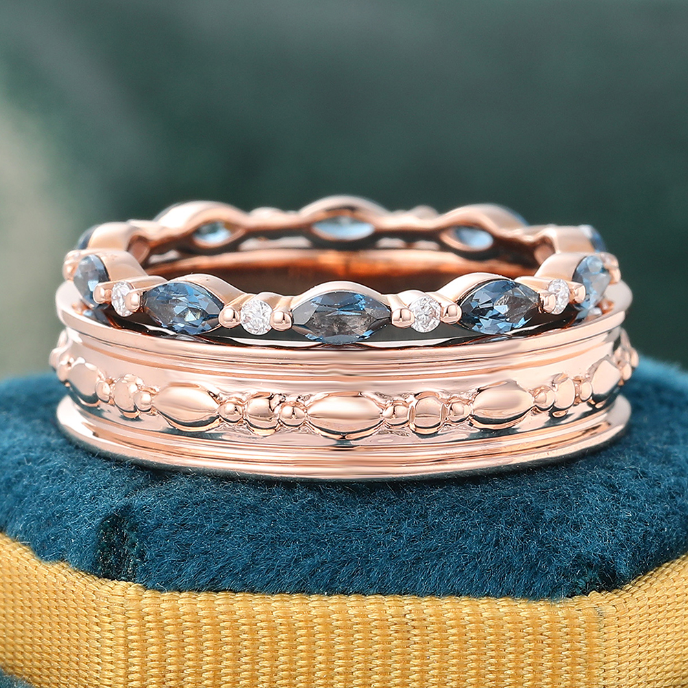 Engraved Wide Plain Band & London Blue Topaz and Diamond Alternating Eternity Band-2pcs
