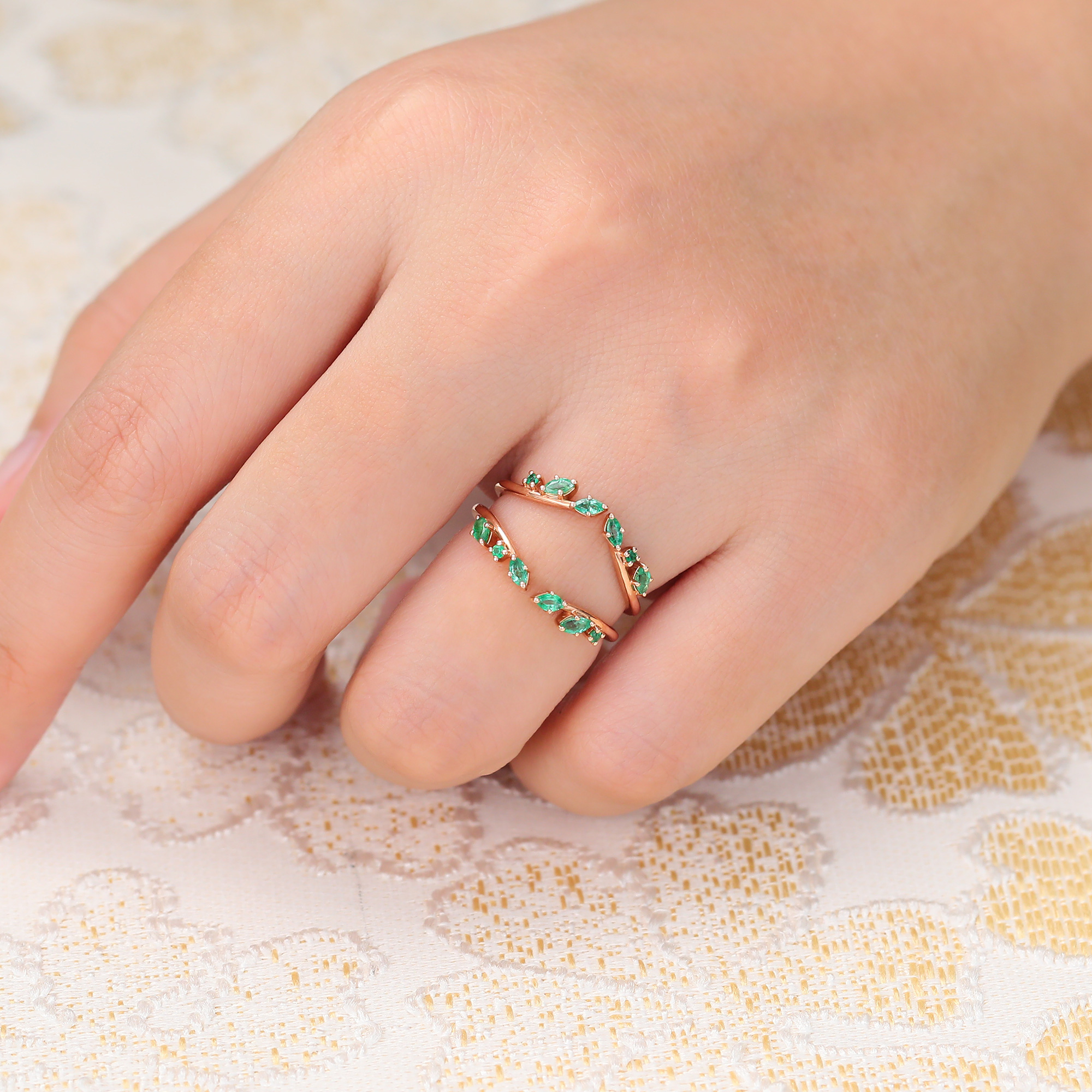 Emerald Double Curved Wedding Band Enhancer Vintage Nature Inspired Wedding Promise Ring Rose Gold