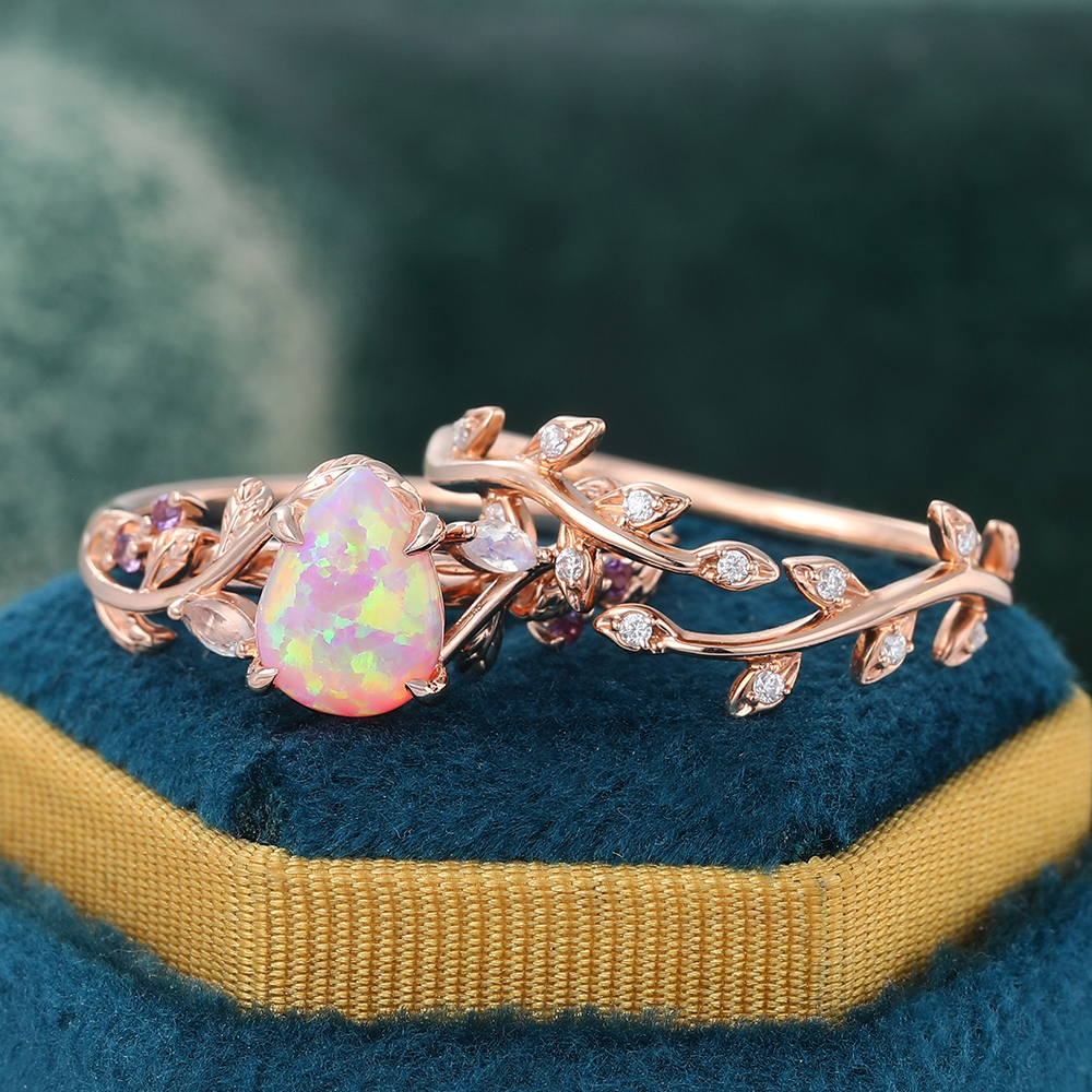 Juyoyo Pear Pink Opal Wedding Ring Set Moissanite Leaf Stacking Band Women Nature Inspired Ring Set