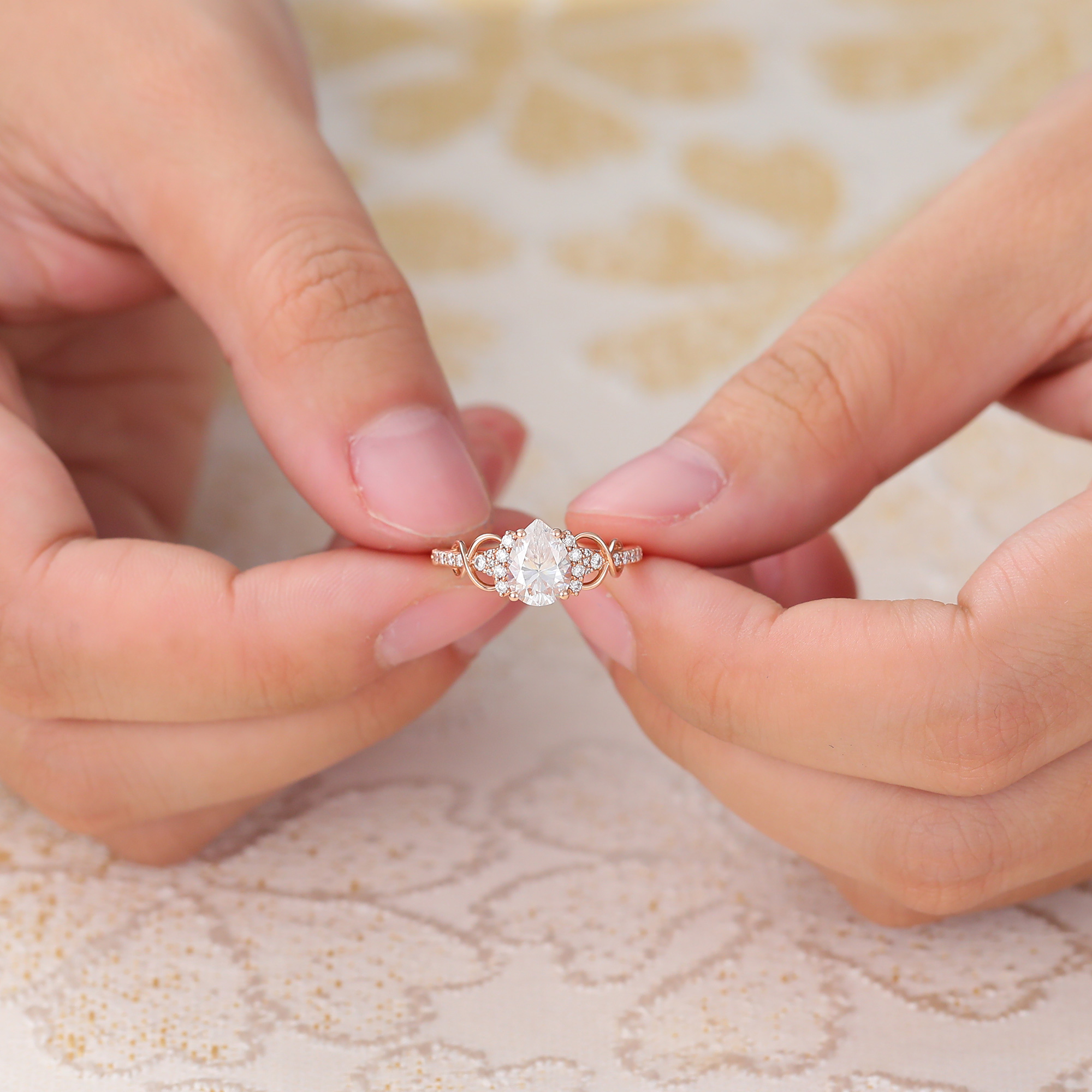 Juyoyo Pear Cut Moissanite Engagement Ring Infinity Promise Ring Pavé Diamond Ring Rose Gold