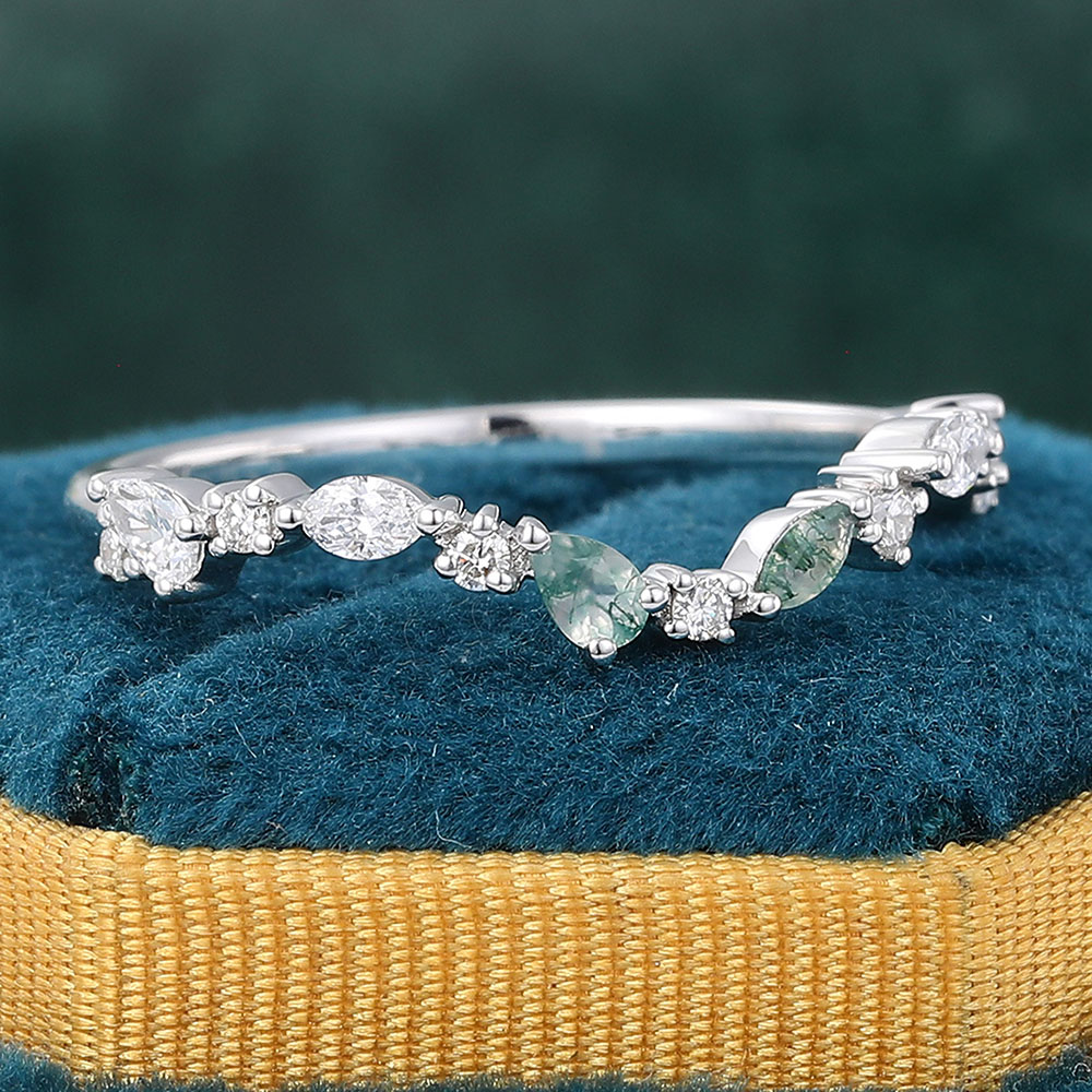 Juyoyo Delicate Moss Agate & Moissanite Wedding Band Curved Stacking Ring