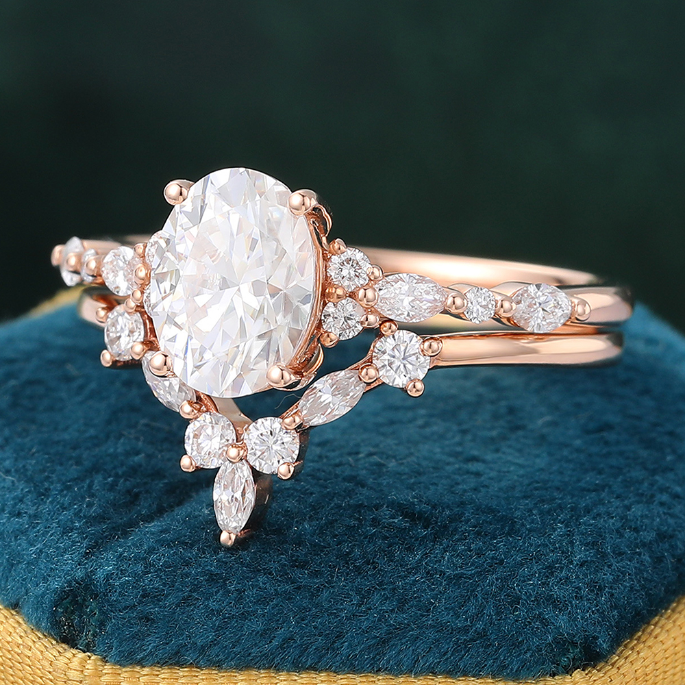 Juyoyo 2 Piece Unique Oval Moissanite Rose Gold Engagement Ring Set
