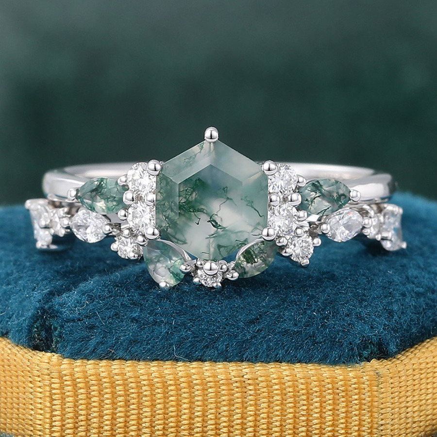 Hexagon Cut Moss Agate Engagement Rings with Moissanite & Moss Agate Curved Wedding Ring Set