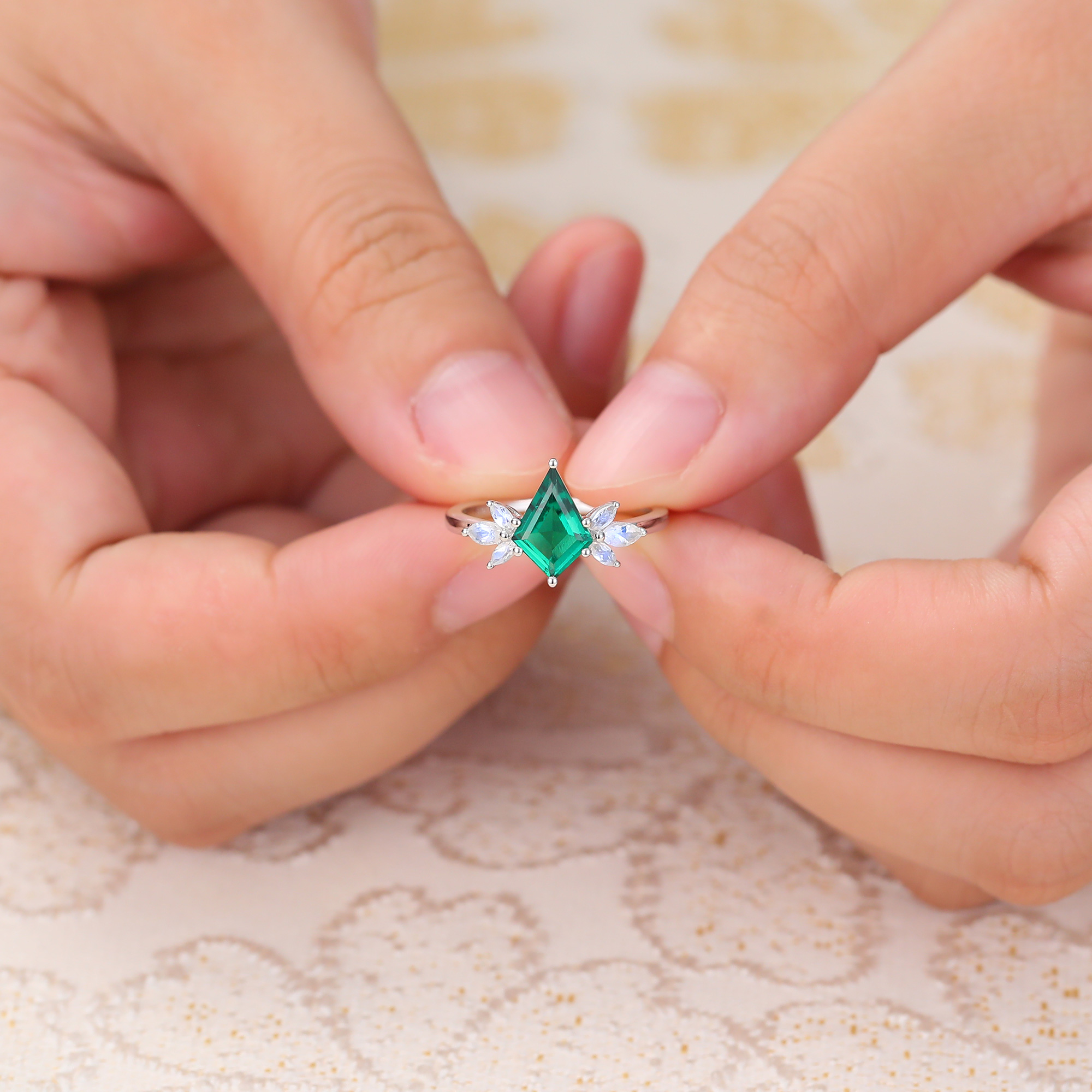 Emerald Engagement Ring Vintage Moonstone Ring