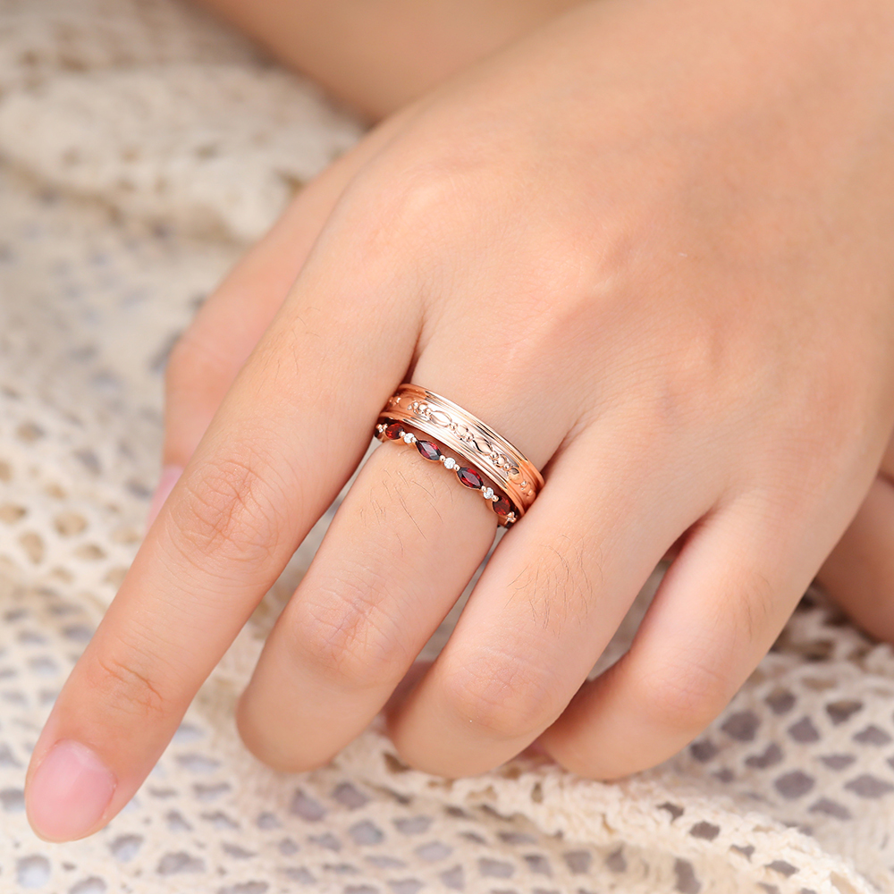 Juyoyo Marquise Cut Garnet Eternity Wedding Band Set Couple Rings Set for Men and Women - 2pcs