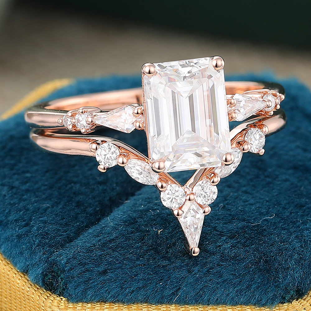 Juyoyo Emerald Cut Moissanite Engagement Ring Set Vintage Rose Gold Wedding Ring Set for Women - 2pcs