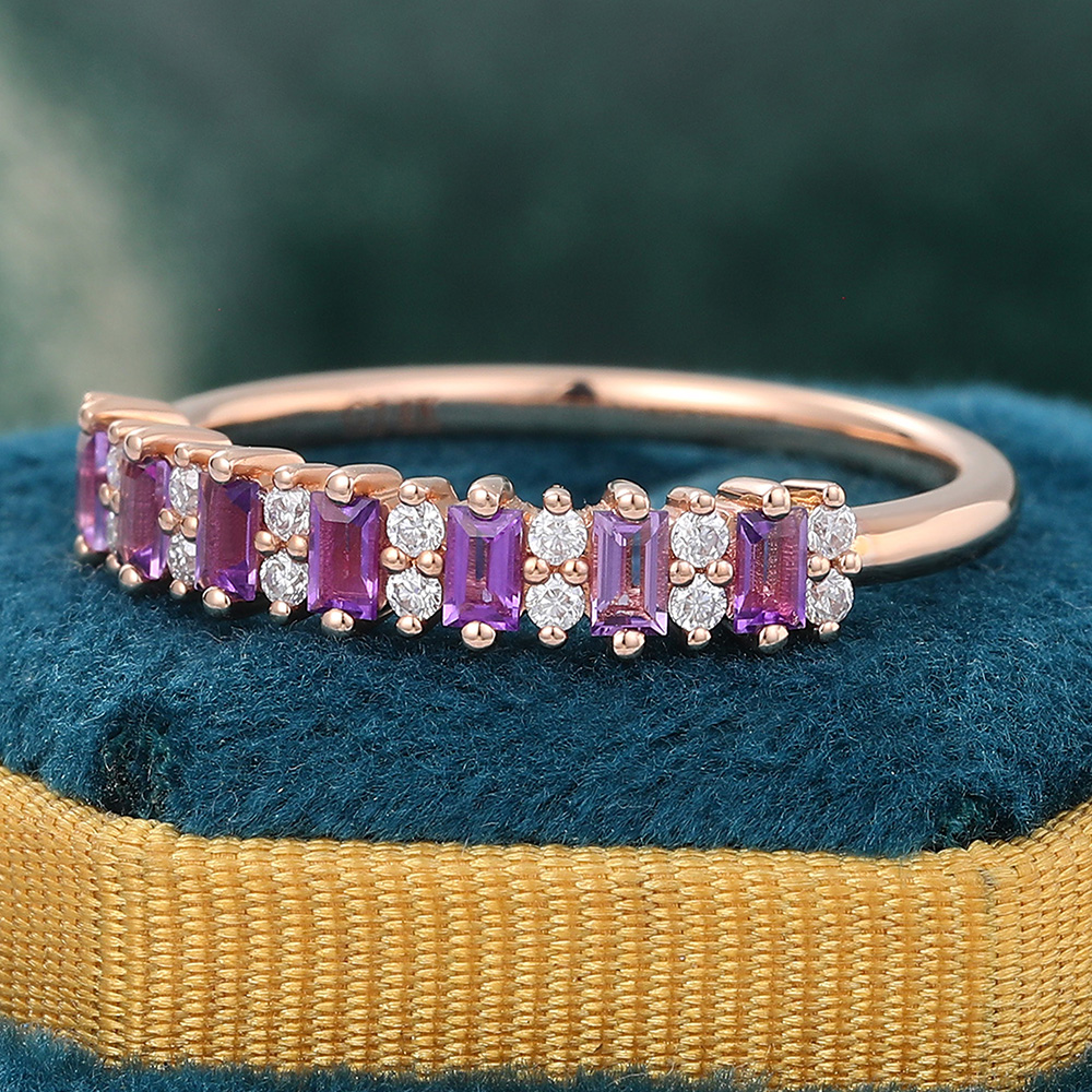 Juyoyo Baguette Cut Amethyst Wedding Band Unique Stacking Anniversary Ring Gift for Women