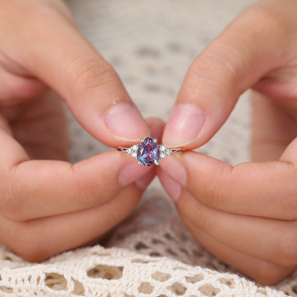 Juyoyo Pear Shaped Alexandrite and Diamond Engagement Ring in 14K White Gold