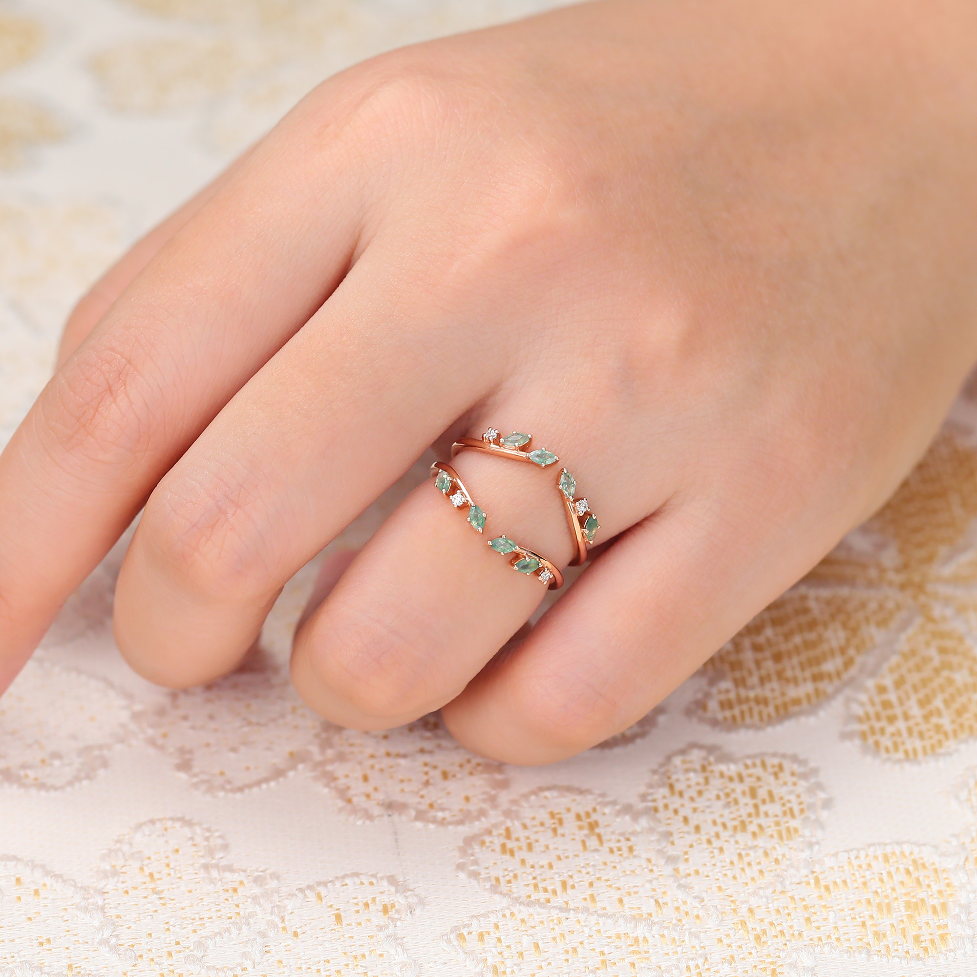 Moss Agate Double Curved Wedding Band Enhancer Vintage Nature Inspired Wedding Ring for Women