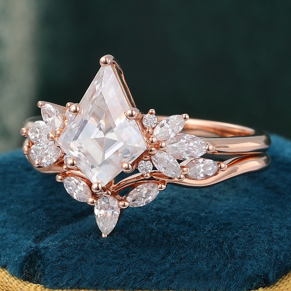 Juyoyo Vintage Moissanite Bridal Ring Set 14K Rose Gold Six Prong Diamond Ring Set for Women - 2pcs