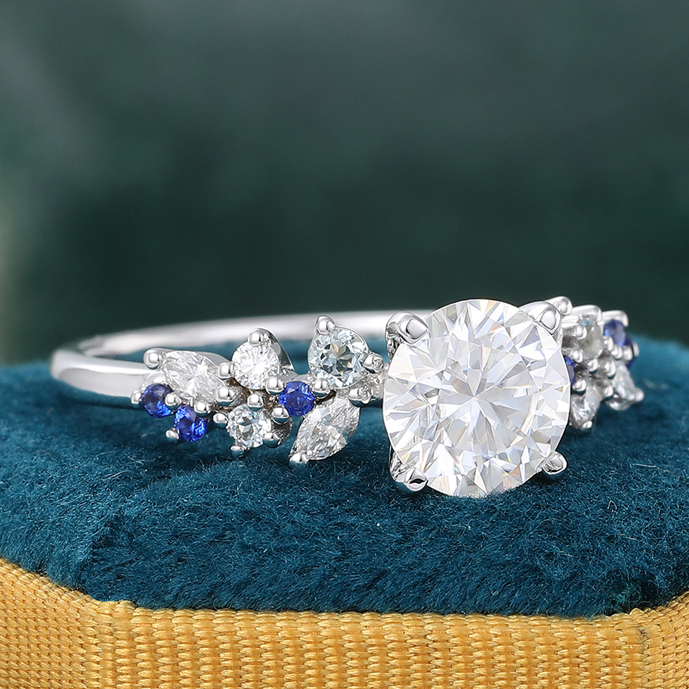 Juyoyo Round Moissanite Cluster Engagement Ring with Sapphire & Aquamarine & Diamond Accents 