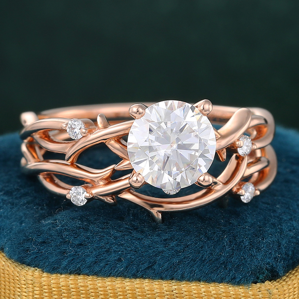 Juyoyo Round Cut Moissanite Engagement Ring Set Nature Inspired Ring Set in 14K Rose Gold - 2pcs