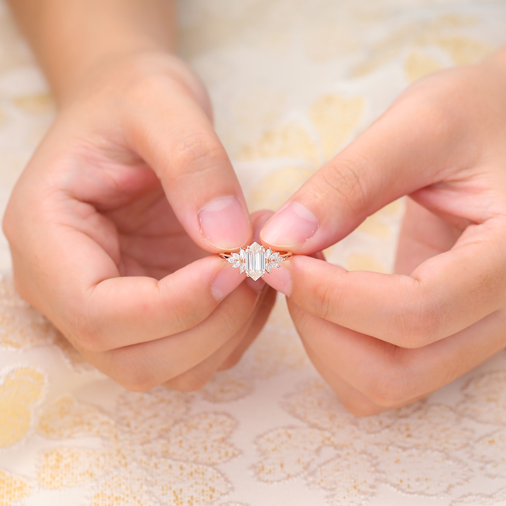 Juyoyo Long Hexagon Cut Moissanite Engagement Ring Lab Grown Diamond Ring Promise Anniversary Ring