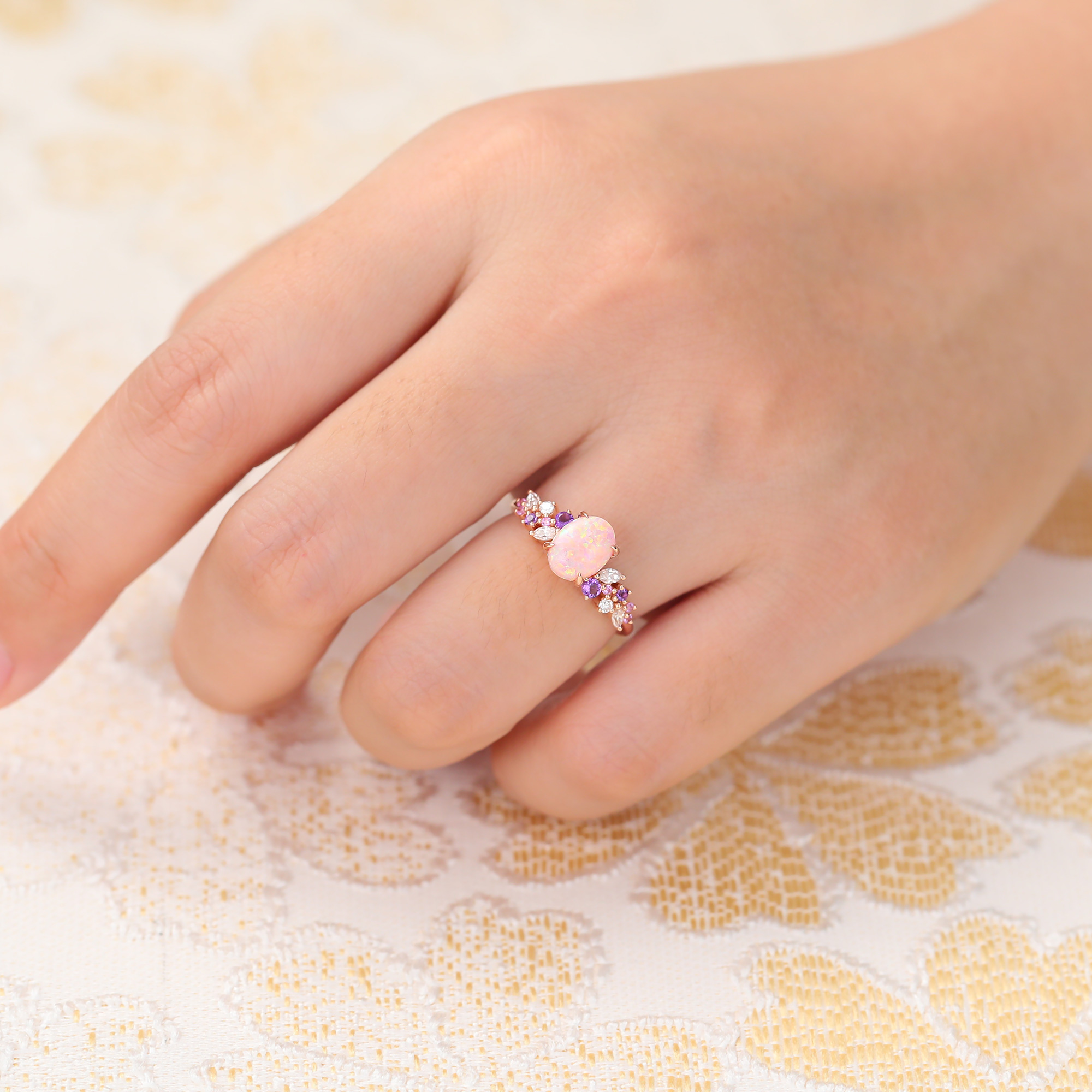 Juyoyo Oval Cut Lab Pink Opal Engagement Ring Vintage Amethyst Sapphire Cluster Bridal Ring