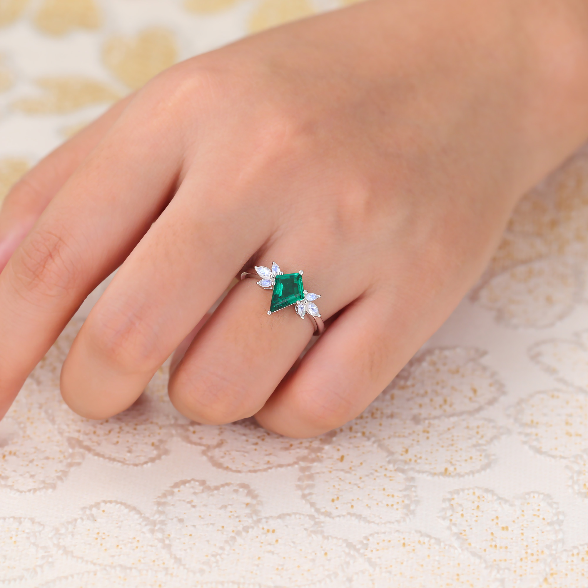 Kite Cut Emerald Engagement Ring Cluster Bridal Ring