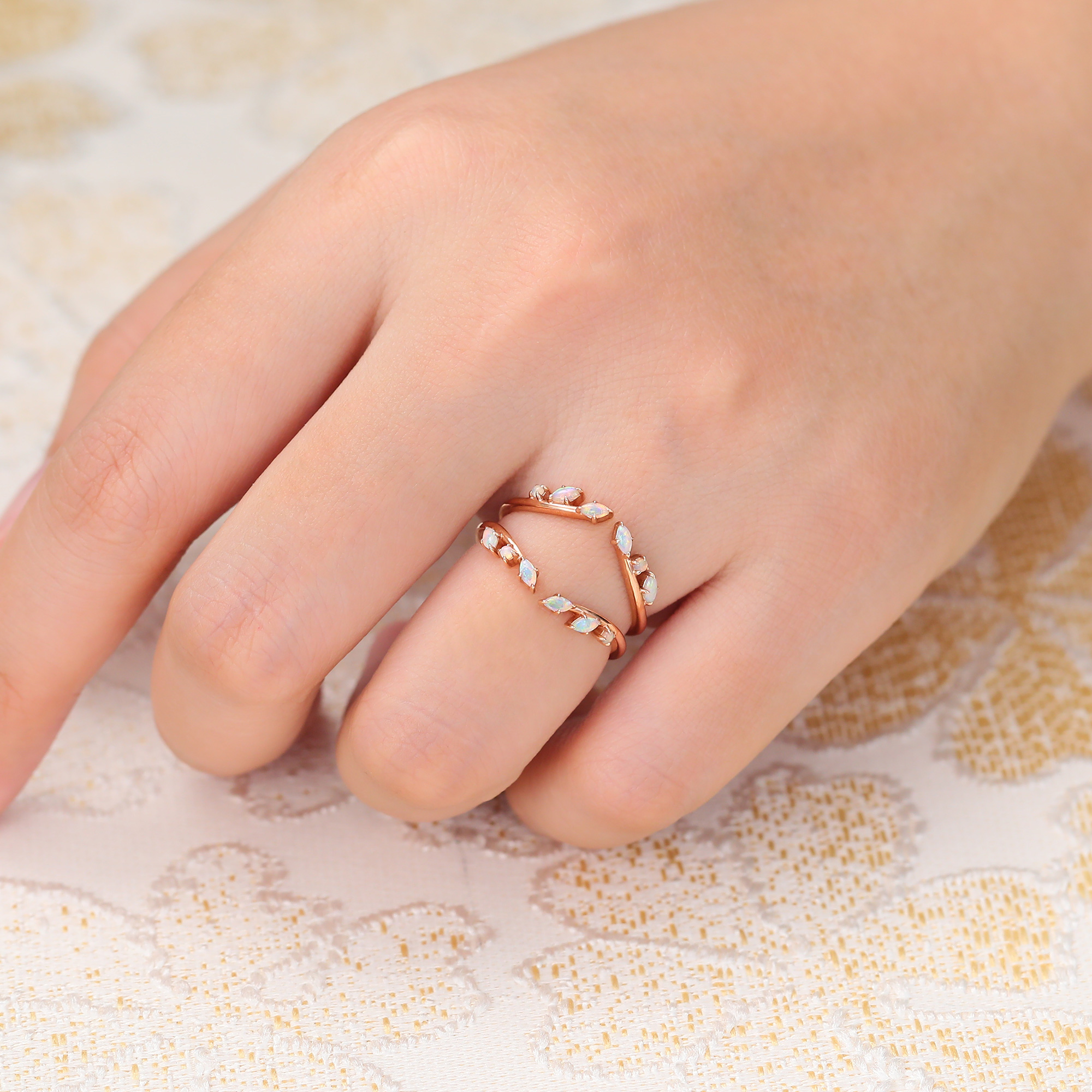 Opal Double Curved Wedding Band Enhancer Vintage Leaf Nature Inspired Wedding Ring Rose Gold