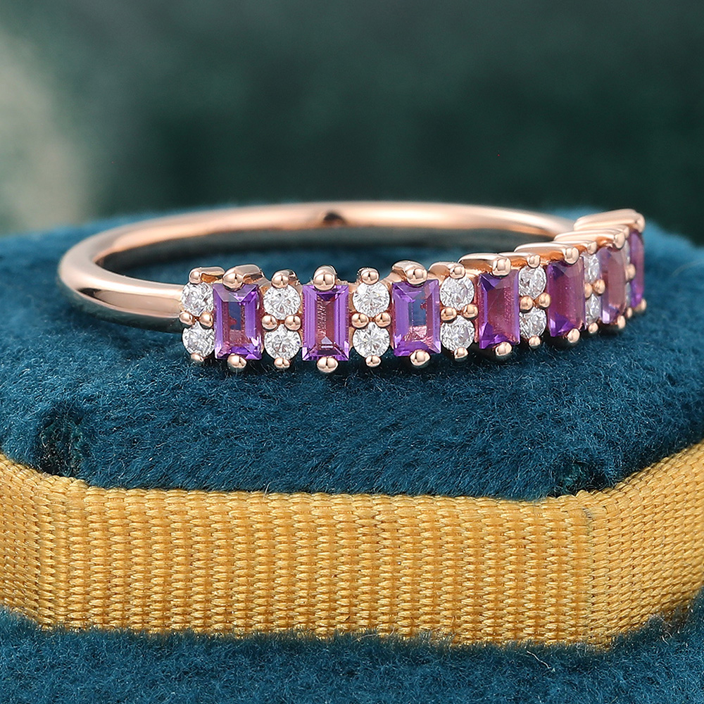 Juyoyo Baguette Cut Amethyst Wedding Band Unique Stacking Anniversary Ring Gift for Women