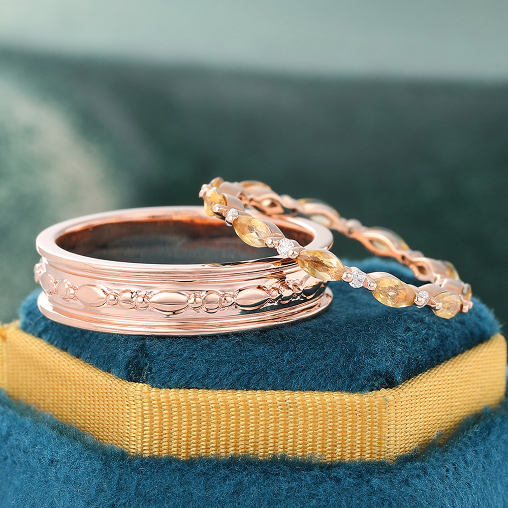Juyoyo Marquise Cut Citrine Eternity Wedding Band Set Couple Rings Set for Men and Women - 2pcs