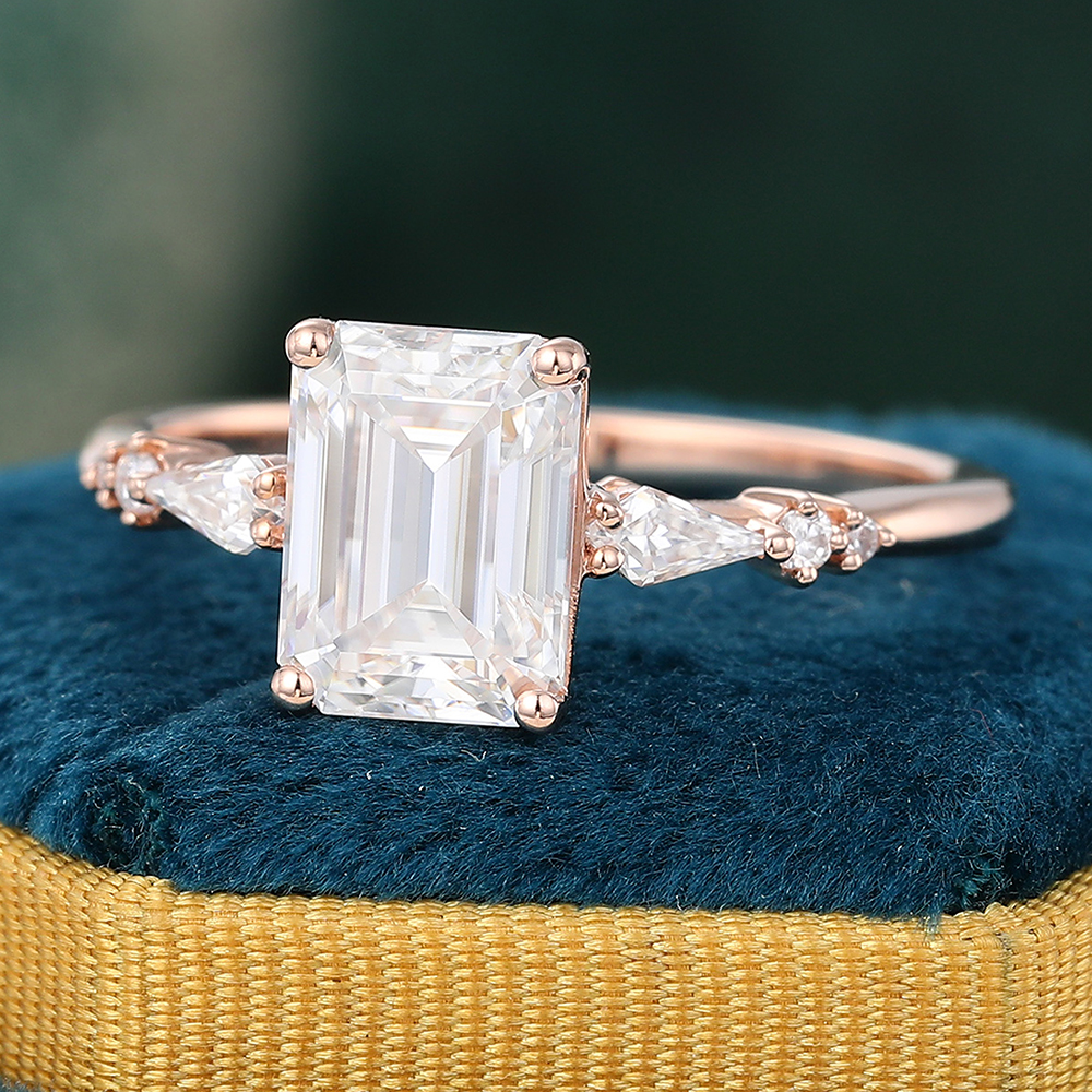 Juyoyo Emerald Cut Moissanite Engagement Ring Vintage Bridal Ring for Women in 14K Rose Gold