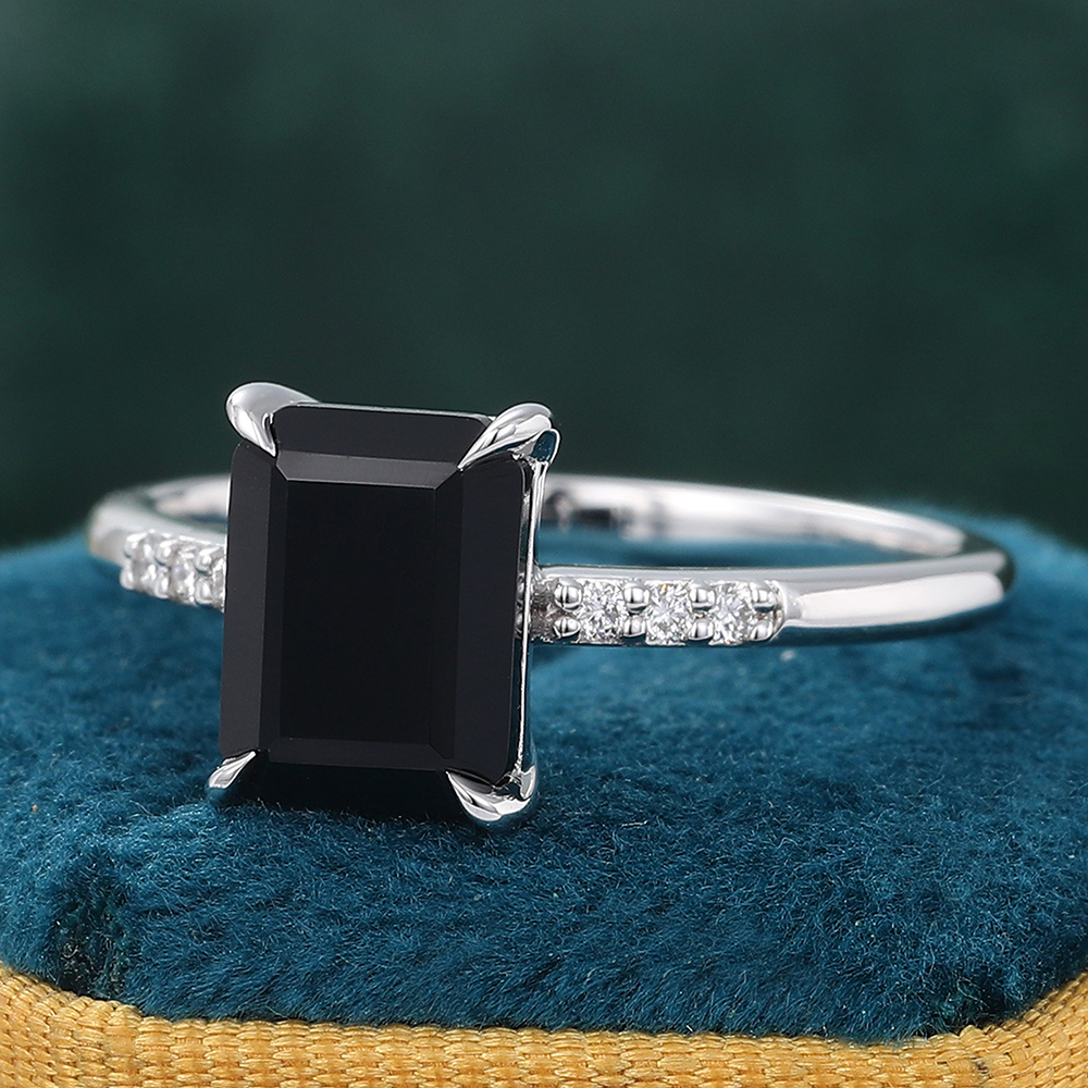 Emerald Cut Black Onyx Engagement Ring Minimalist Pav�� Diamond Ring in White Gold