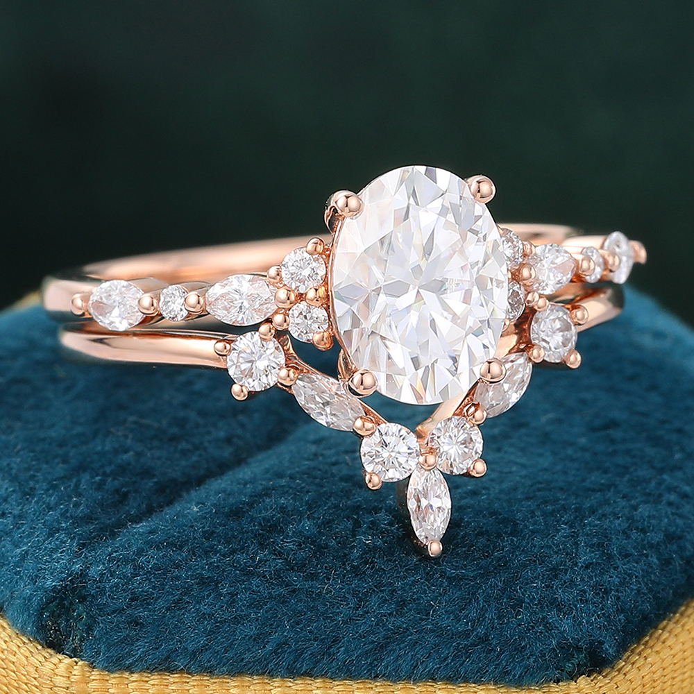 Juyoyo 2 Piece Unique Oval Moissanite Rose Gold Engagement Ring Set