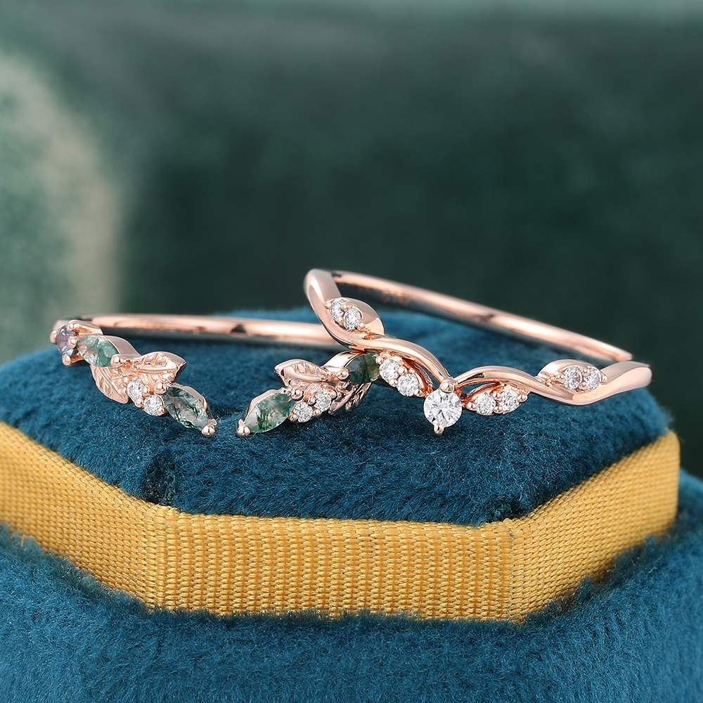 Juyoyo Unique Moss Agate & Moissanite & Alexandrite Double Curved Wedding Band Stacking Ring Rose Gold