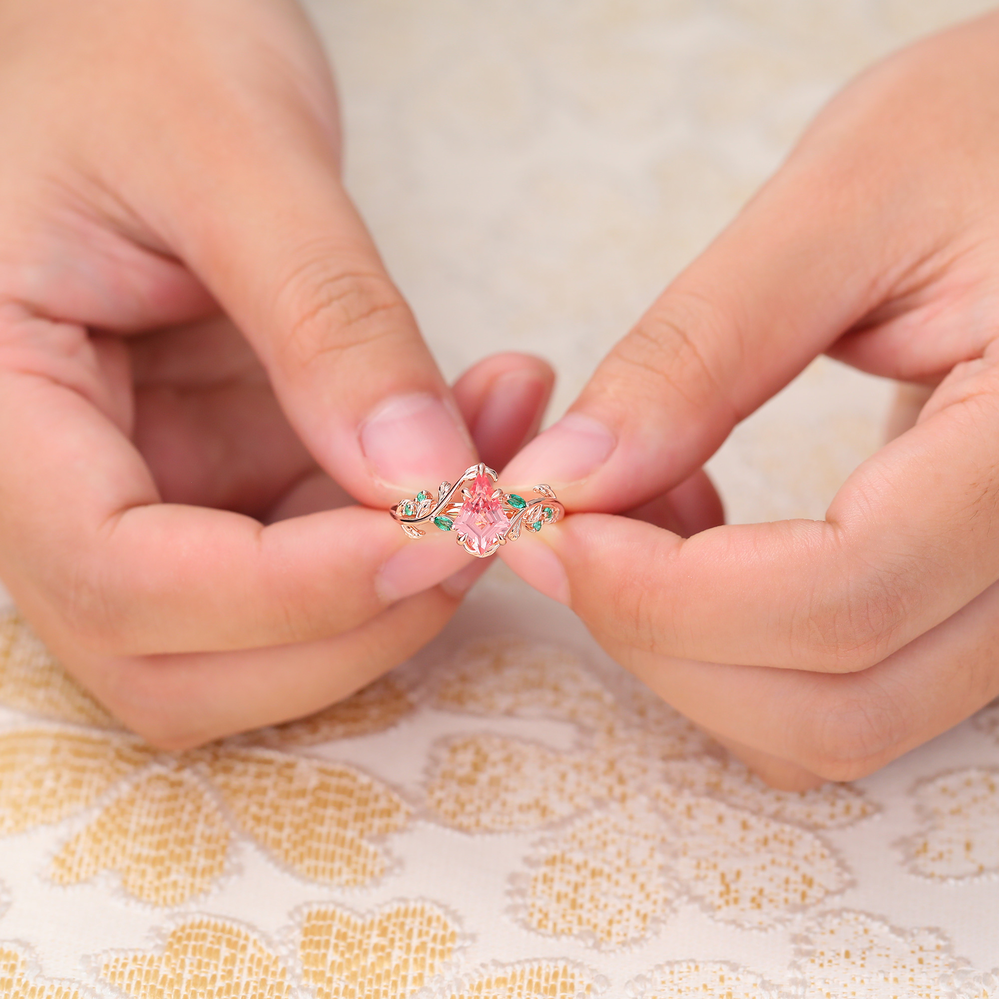 Juyoyo Kite Cut Pink Sapphire Engagement Ring Emerald Leaf Nature Inspired Bridal Ring Rose Gold