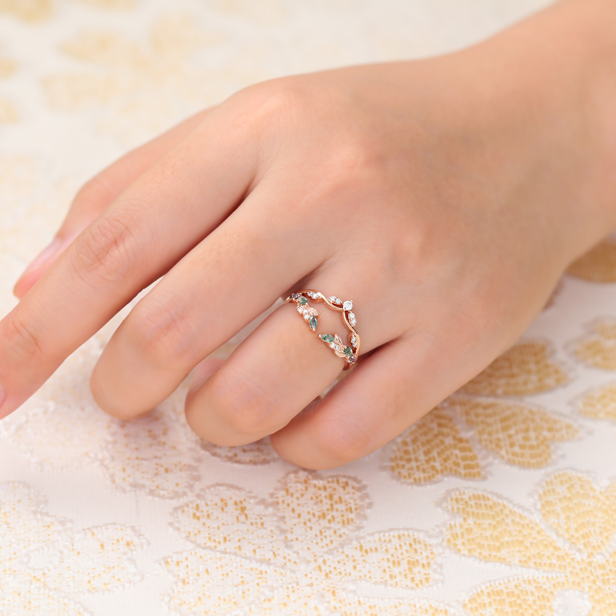 Juyoyo Unique Moss Agate & Moissanite & Alexandrite Double Curved Wedding Band Stacking Ring Rose Gold