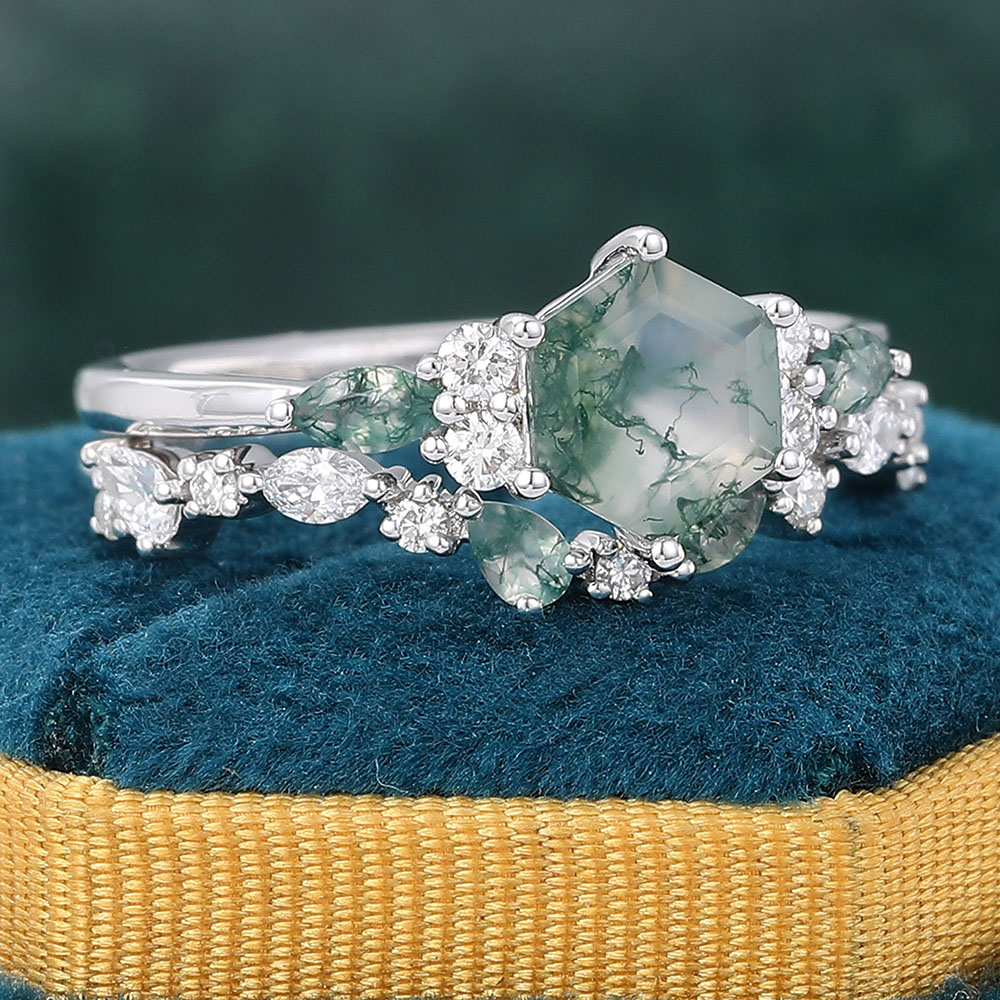 Minimalist green moss agate engagement ring,Hexagon cut green crystal ring,Anniversary ring for women,Moissanite steling silver top promise ring