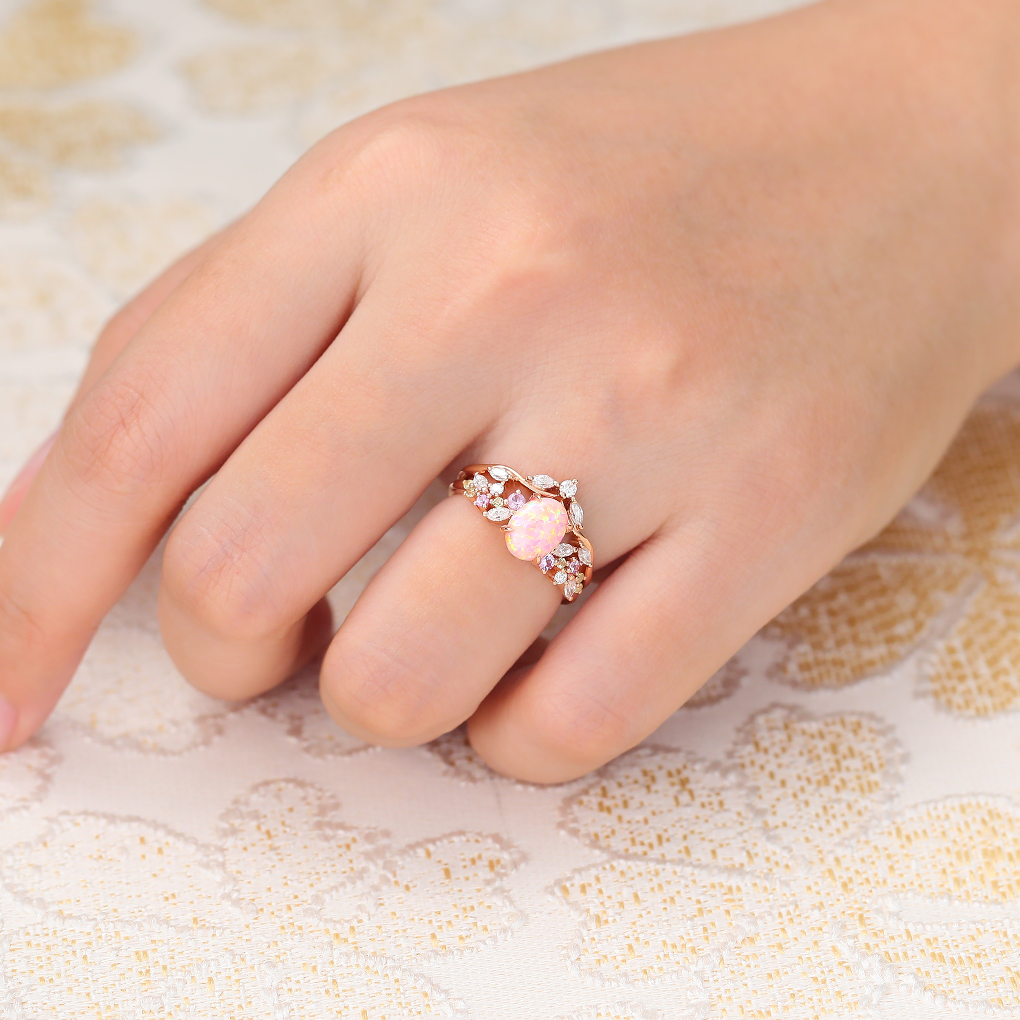 Juyoyo Art Deco Oval Pink Opal Promise Ring Set Moissanite Leaf Stacking Band Women