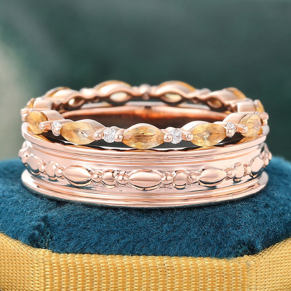 Juyoyo Marquise Cut Citrine Eternity Wedding Band Set Couple Rings Set for Men and Women - 2pcs