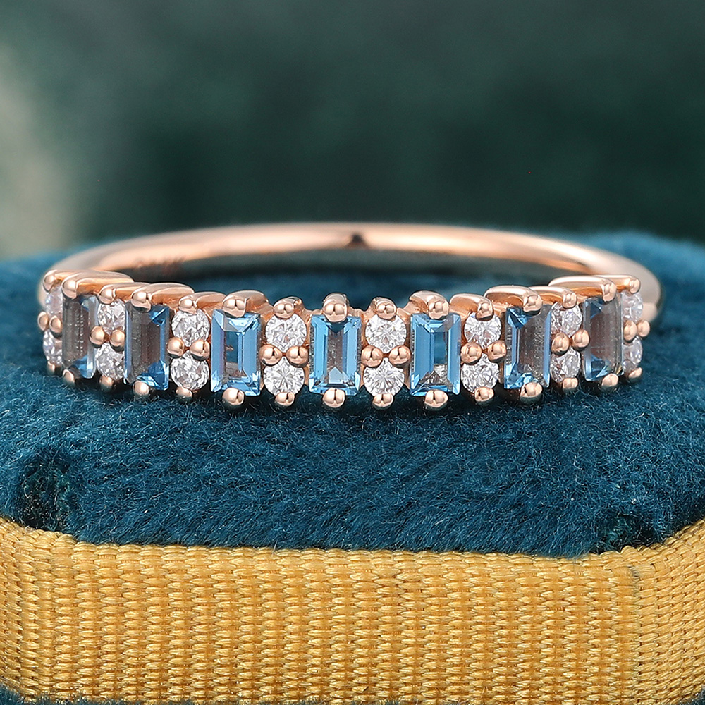 Juyoyo Baguette Cut London Blue Topaz Wedding Band Unique Stacking Ring