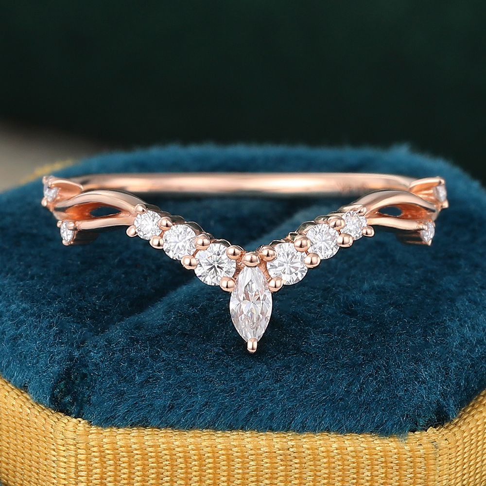 Juyoyo Rose Gold Marquise Moissanite Curved Wedding Band Rings