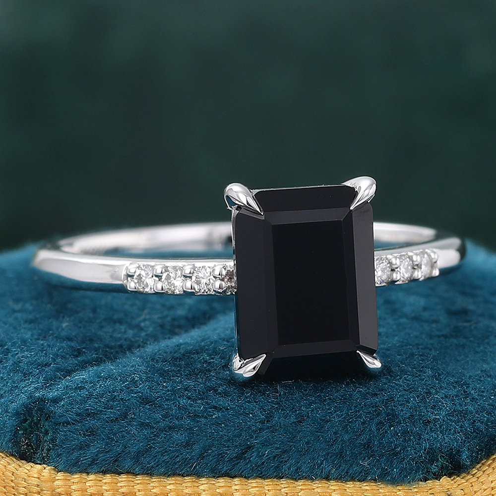 Emerald Cut Black Onyx Engagement Ring Minimalist Pav�� Diamond Ring in White Gold