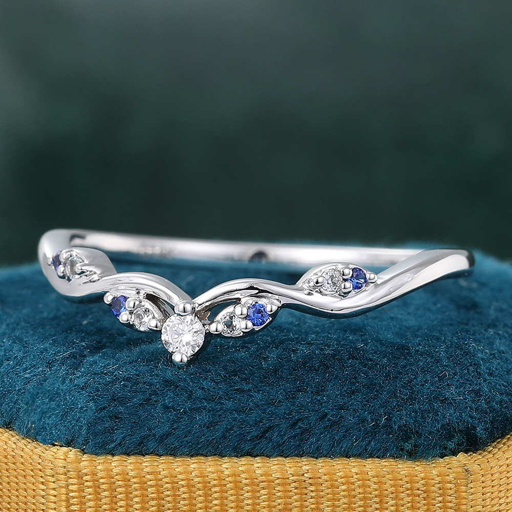 Juyoyo Unique Round Lab Sapphire & Moissanite & Aquamarine Curved Wedding Band