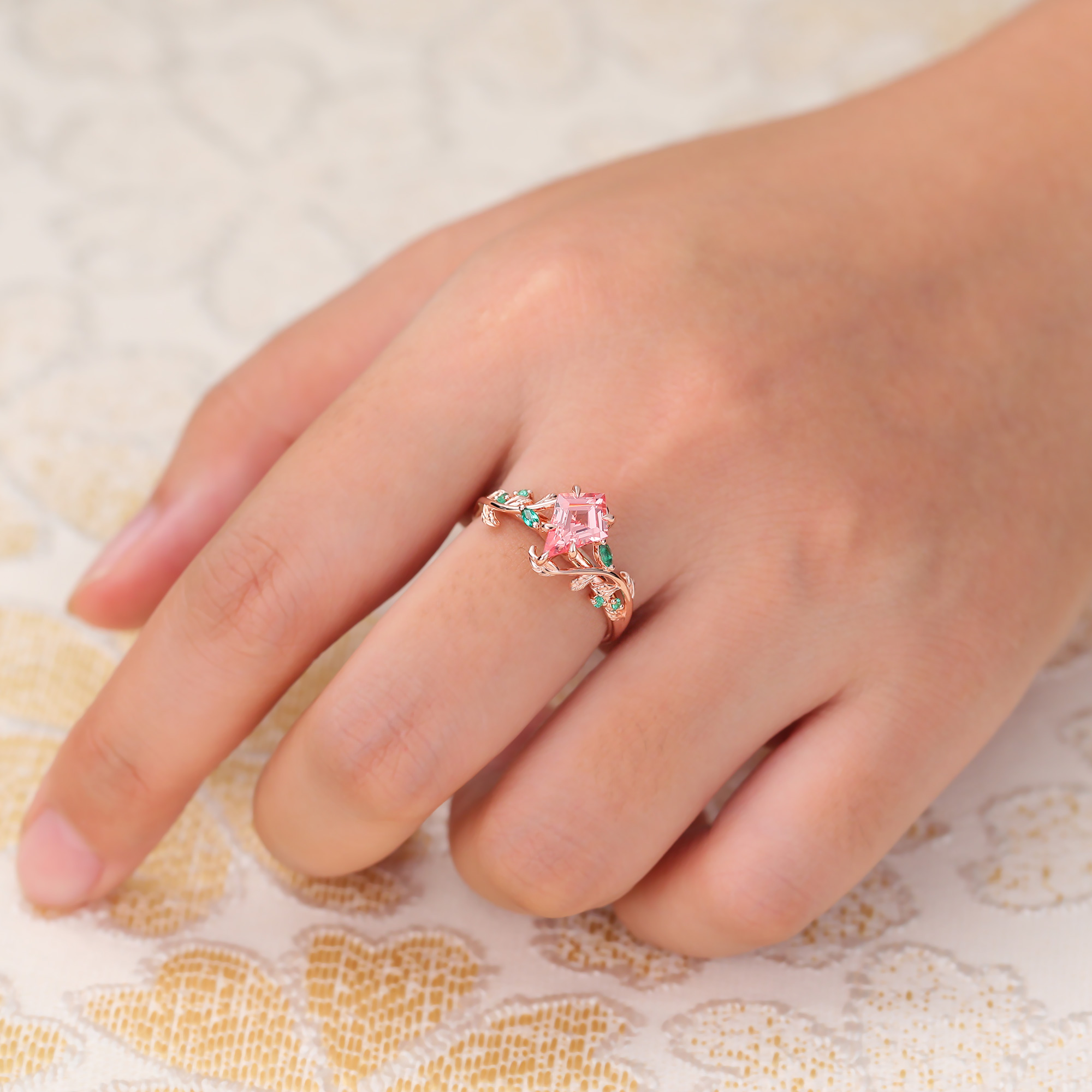 Juyoyo Kite Cut Pink Sapphire Engagement Ring Emerald Leaf Nature Inspired Bridal Ring Rose Gold