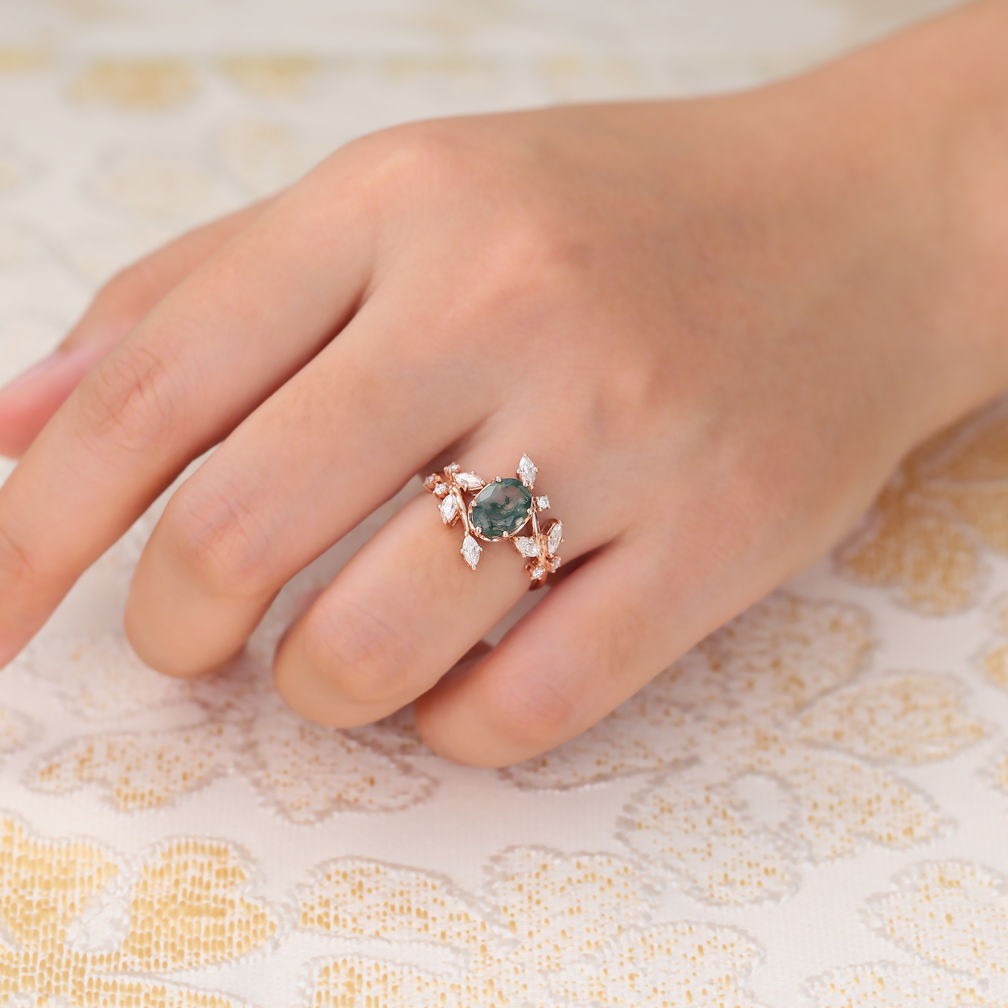 Oval Cut Moss Agate Engagement Ring Twig Inspired Promise Ring in Rose Gold