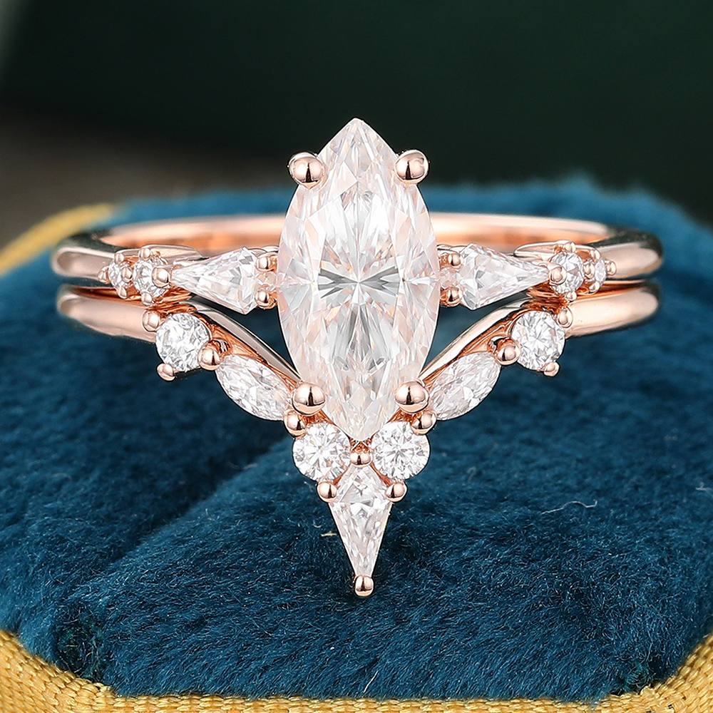 Juyoyo Vintage Marquise Cut Moissanite Engagement and Wedding Ring Set for Women Rose Gold - 2pcs