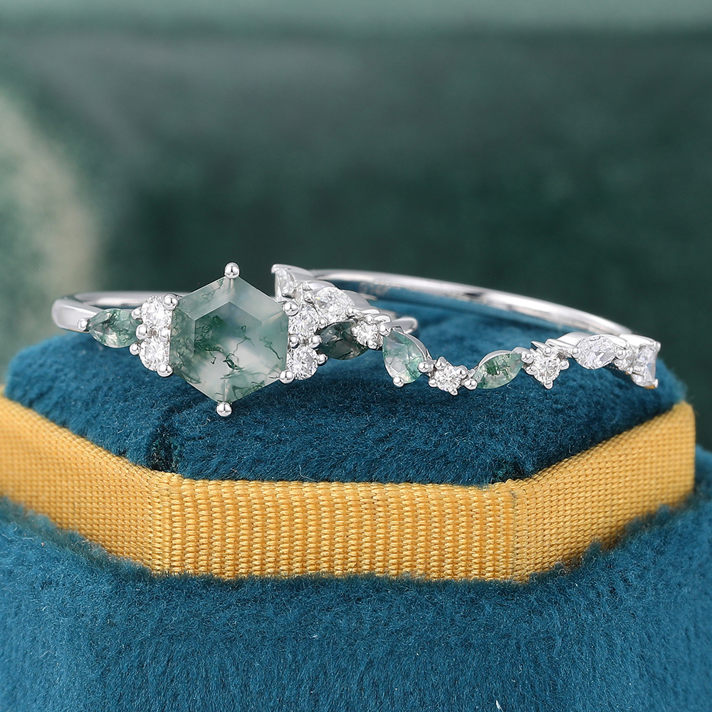 Juyoyo 2pcs Moss Agate Engagement Ring Wedding Band Set Promise Rings for Couples