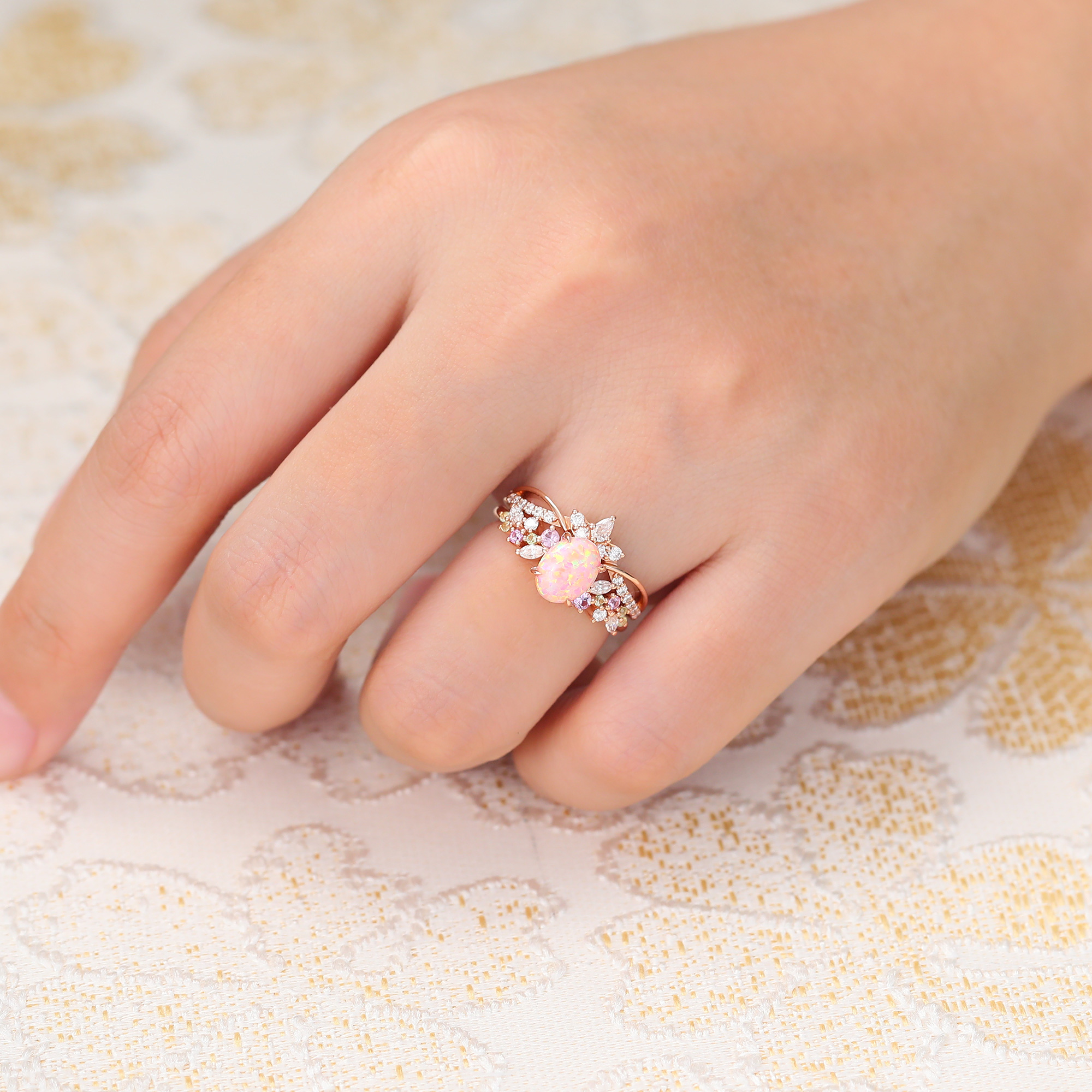 Juyoyo Vintage Oval Pink Opal Bridal Ring Set Diamond or Moissanite Crown Wedding Band Rose Gold