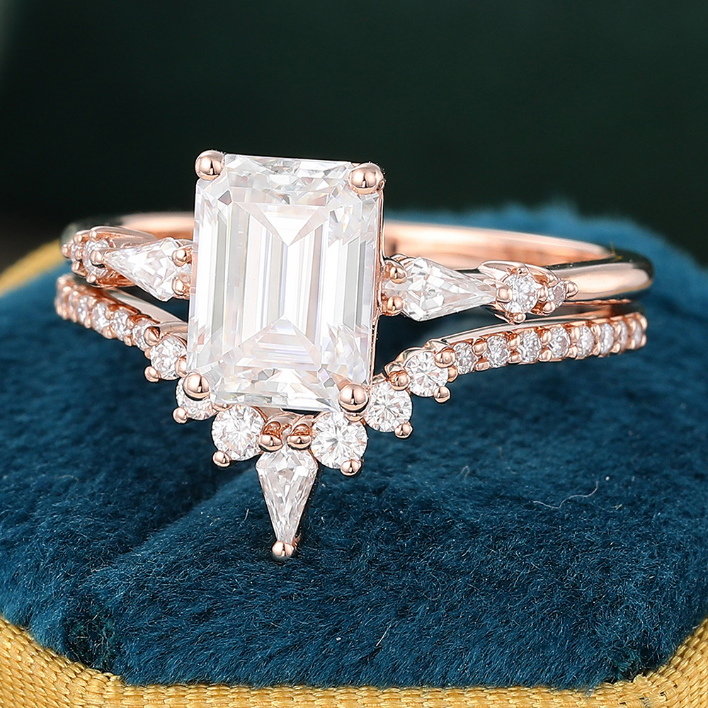 Juyoyo Emerald Cut Moissanite Bridal Ring Set with Pave Diamond Wedding Band Set 14K Rose Gold - 2pcs